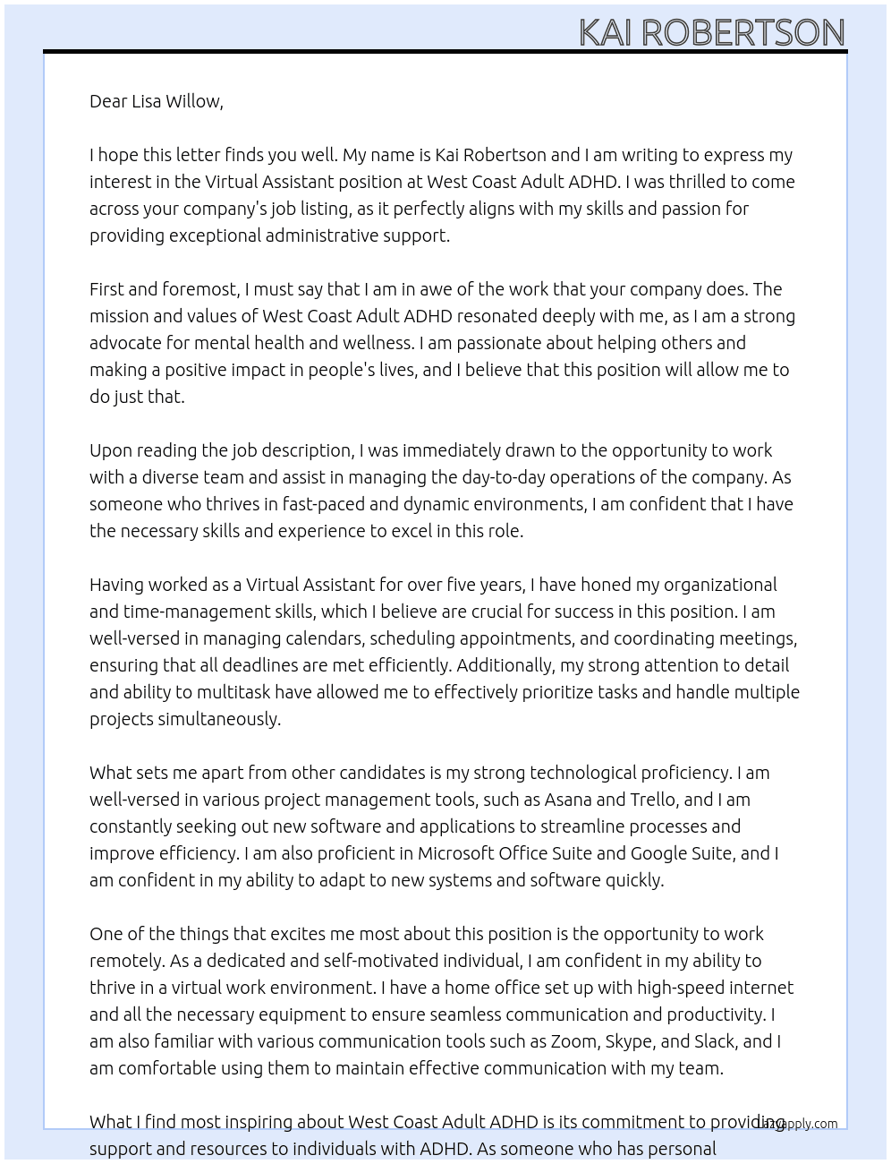 Virtual Assistant At West Coast Adult ADHD Cover Letter