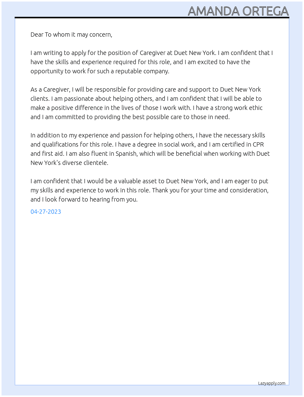 Caregiver At Duet New York Cover Letter