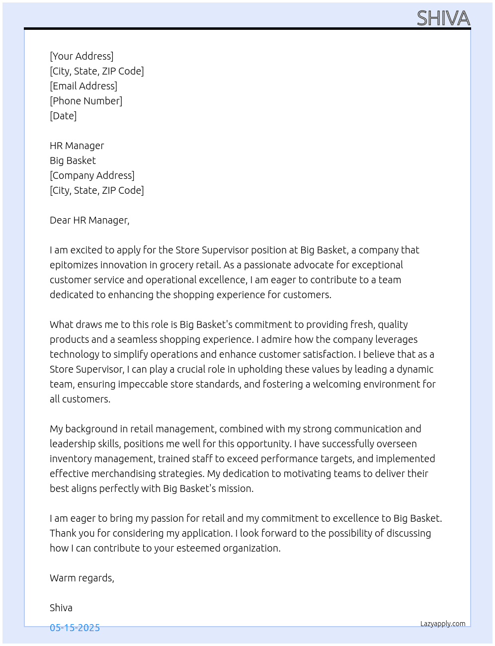 Store Supervisor  At Big Basket  Cover Letter