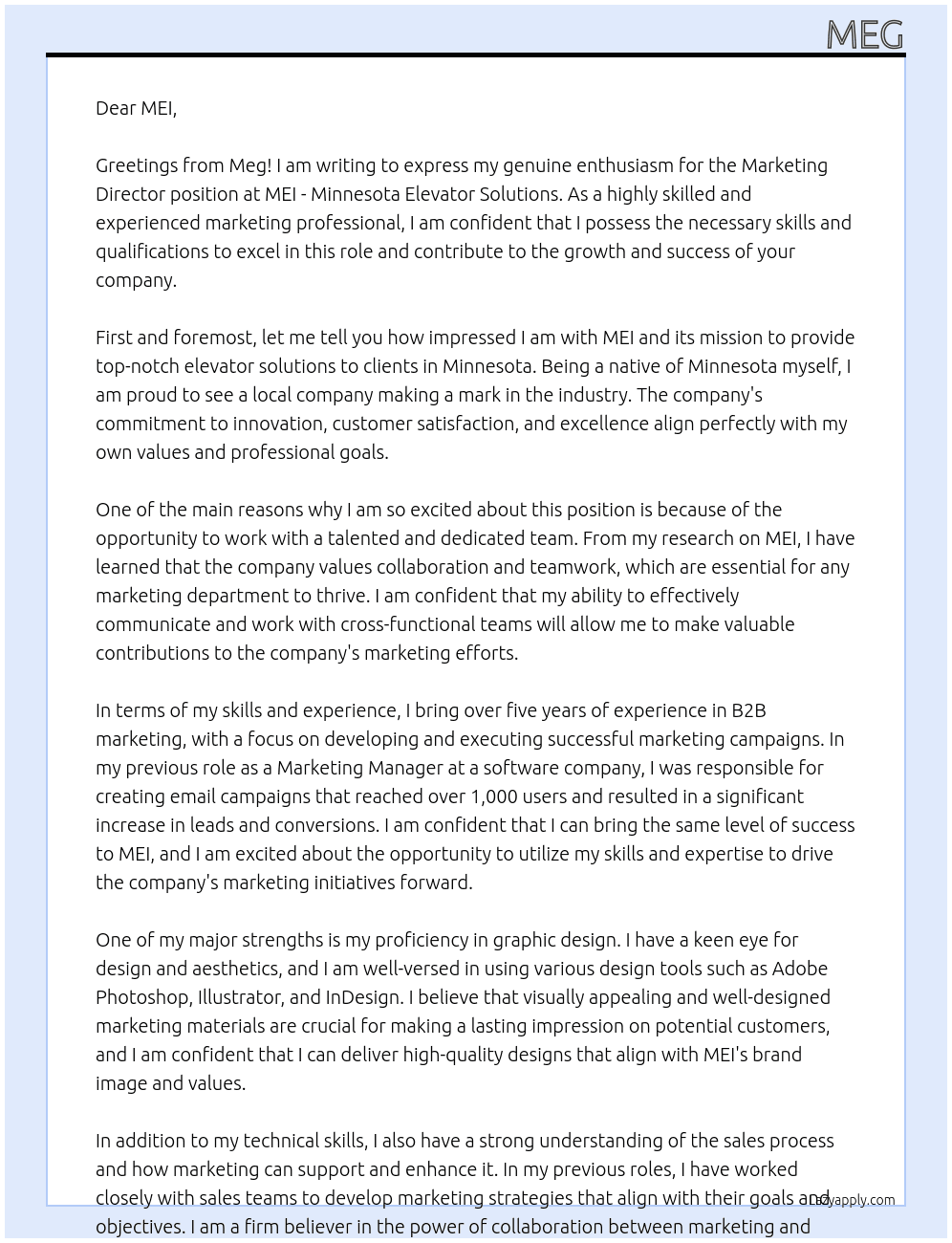Marketing Director At MEI - Minnesota Elevator Solutions Cover Letter