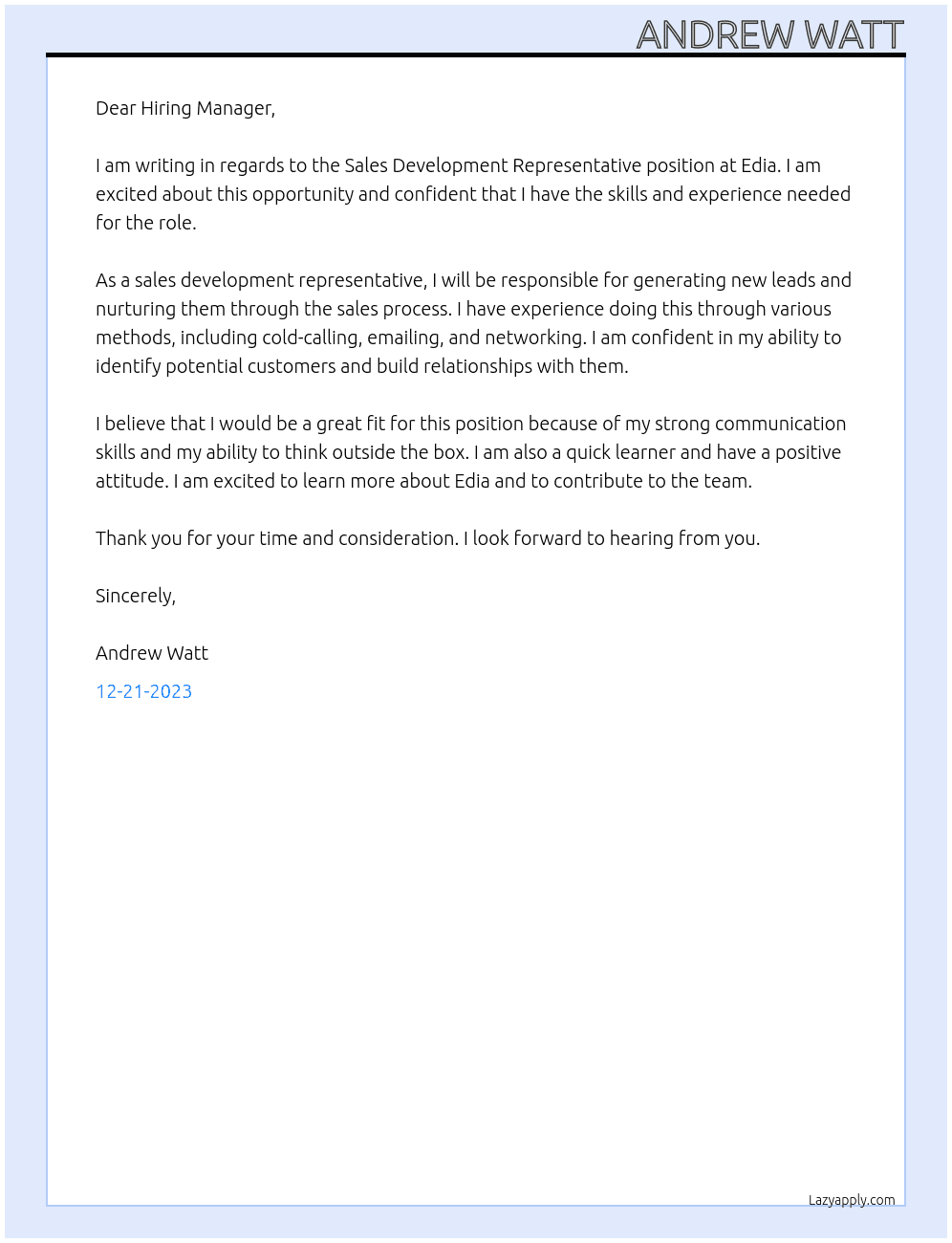 Sales development representative At Edia Cover Letter