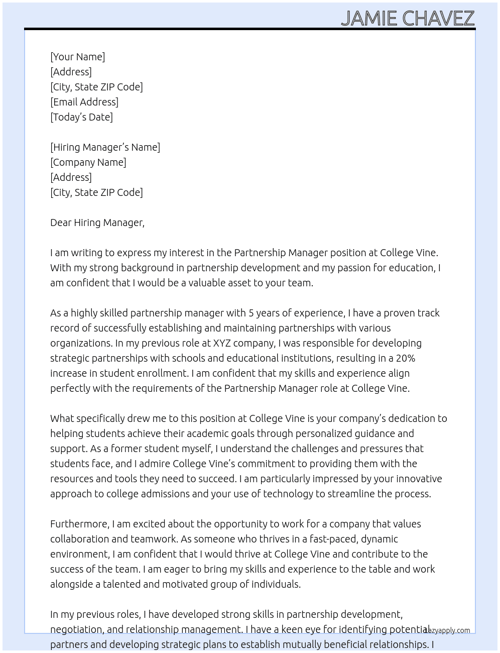 Partnership Manager At College Vine Cover Letter