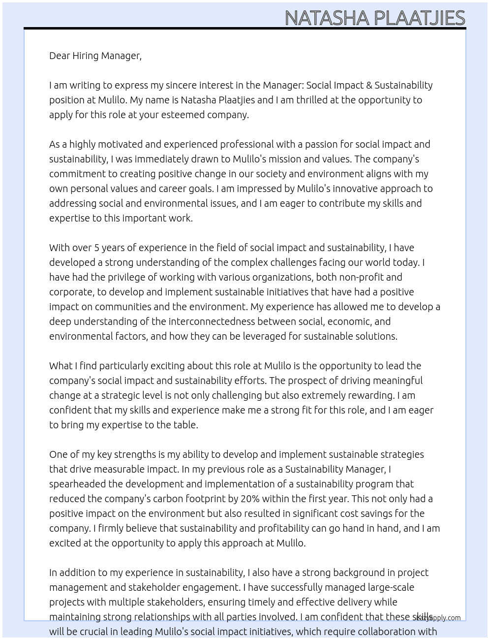 Manager: Social Impact & Sustainability At Mulilo Cover Letter