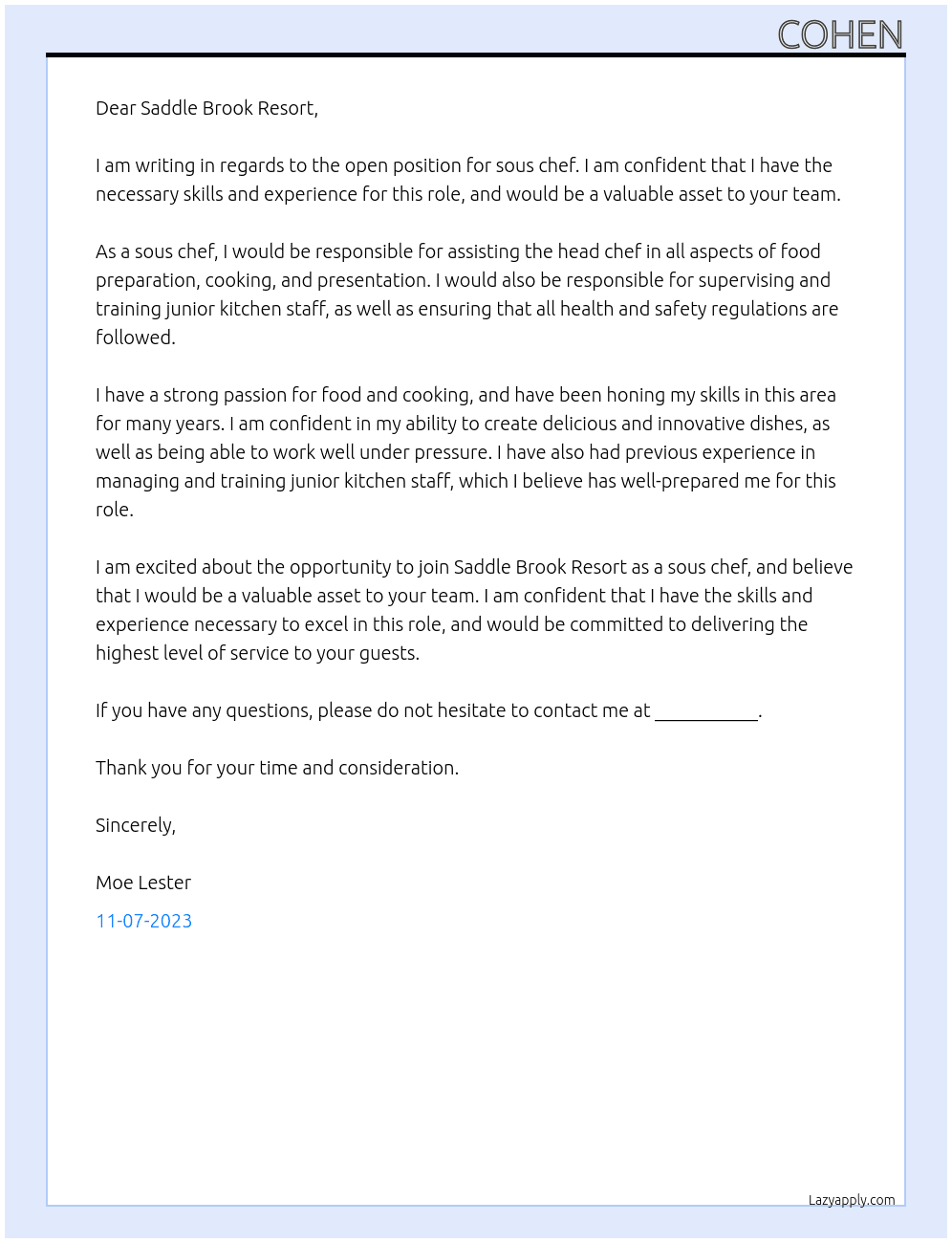 sous chef At Saddle Brook Resort Cover Letter