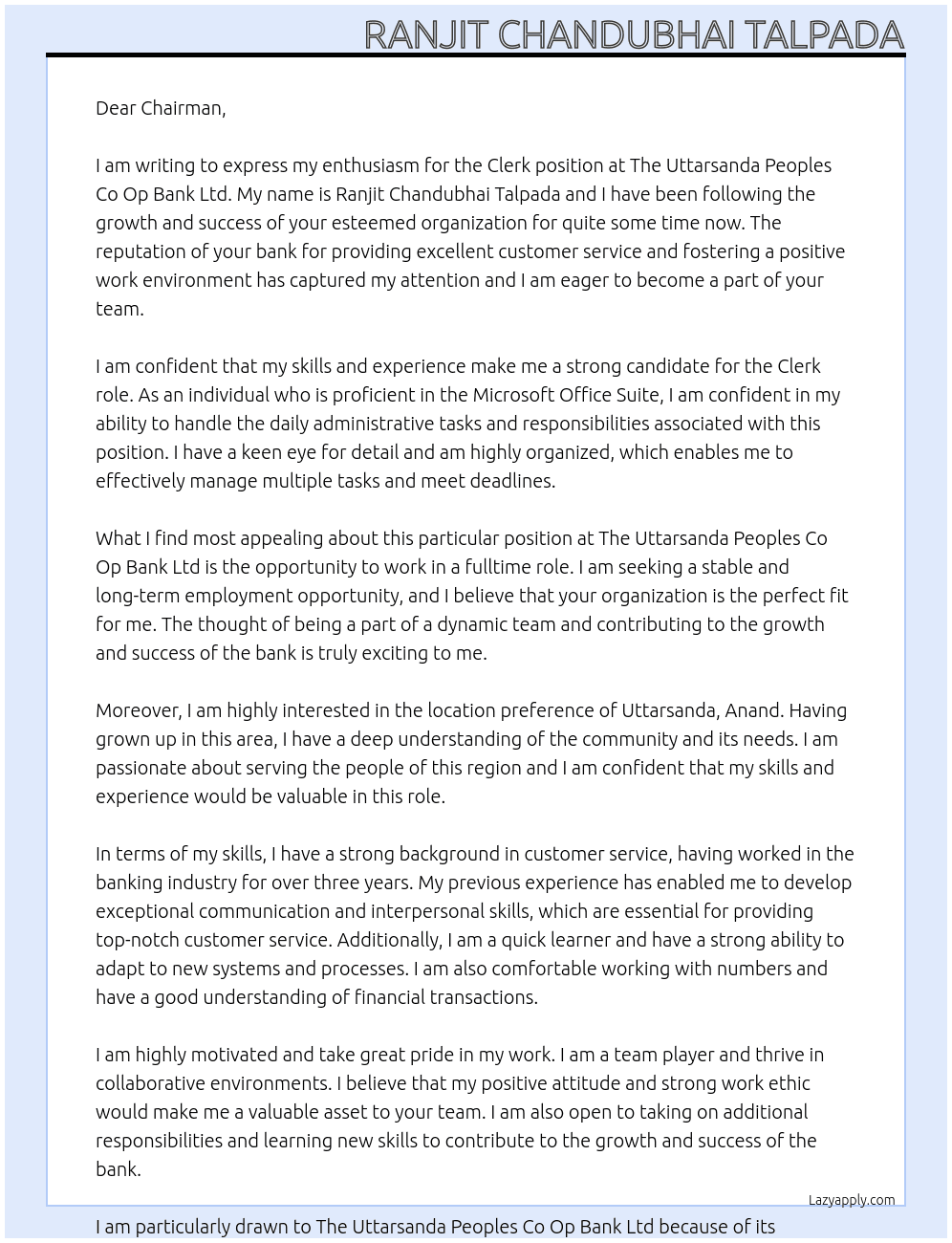 CLERK At THE UTTARSANDA PEOPLES CO OP BANK LTD Cover Letter