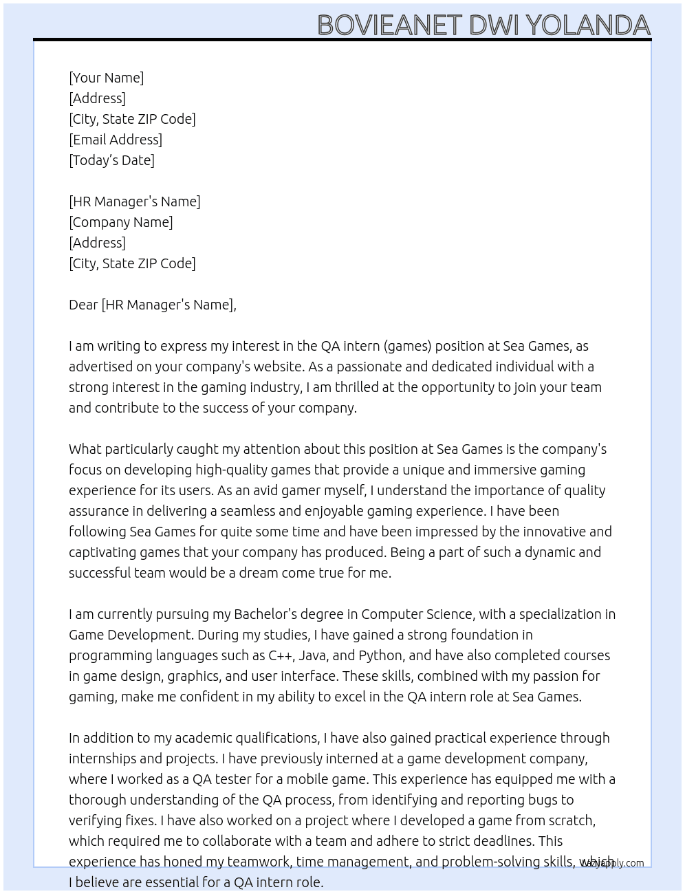 QA intern (games) At Sea games Cover Letter