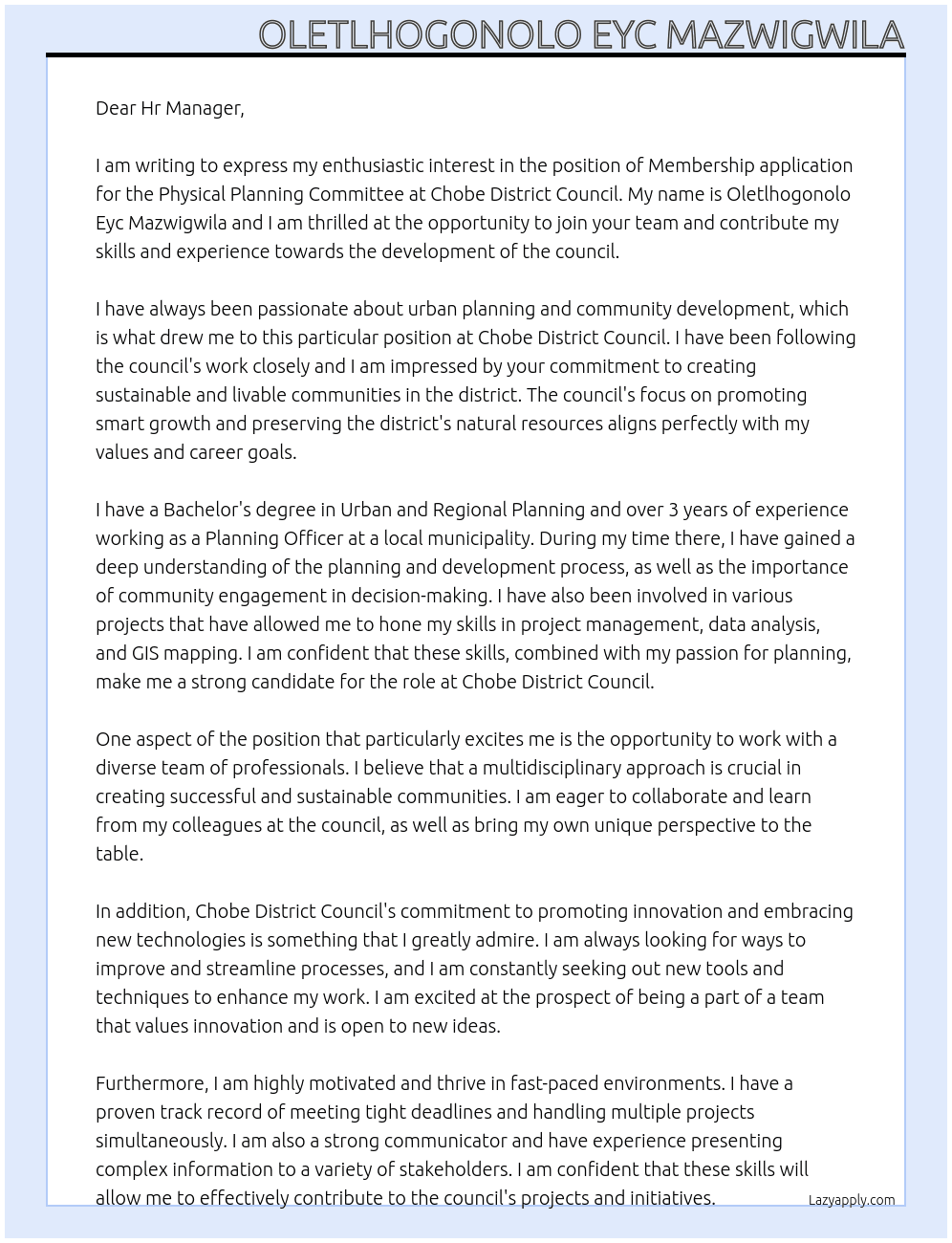 Membership application for physical planning committee  At Chobe District Council  Cover Letter