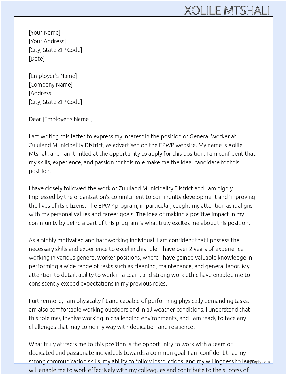 General Worker At EPWP Cover Letter