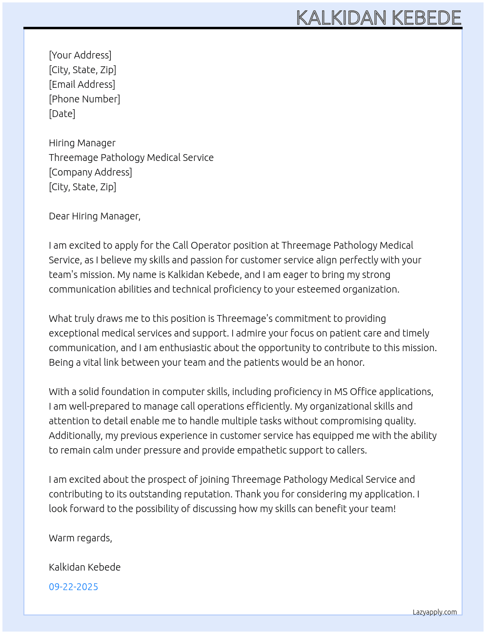 Cover letter for call operator - LazyApply