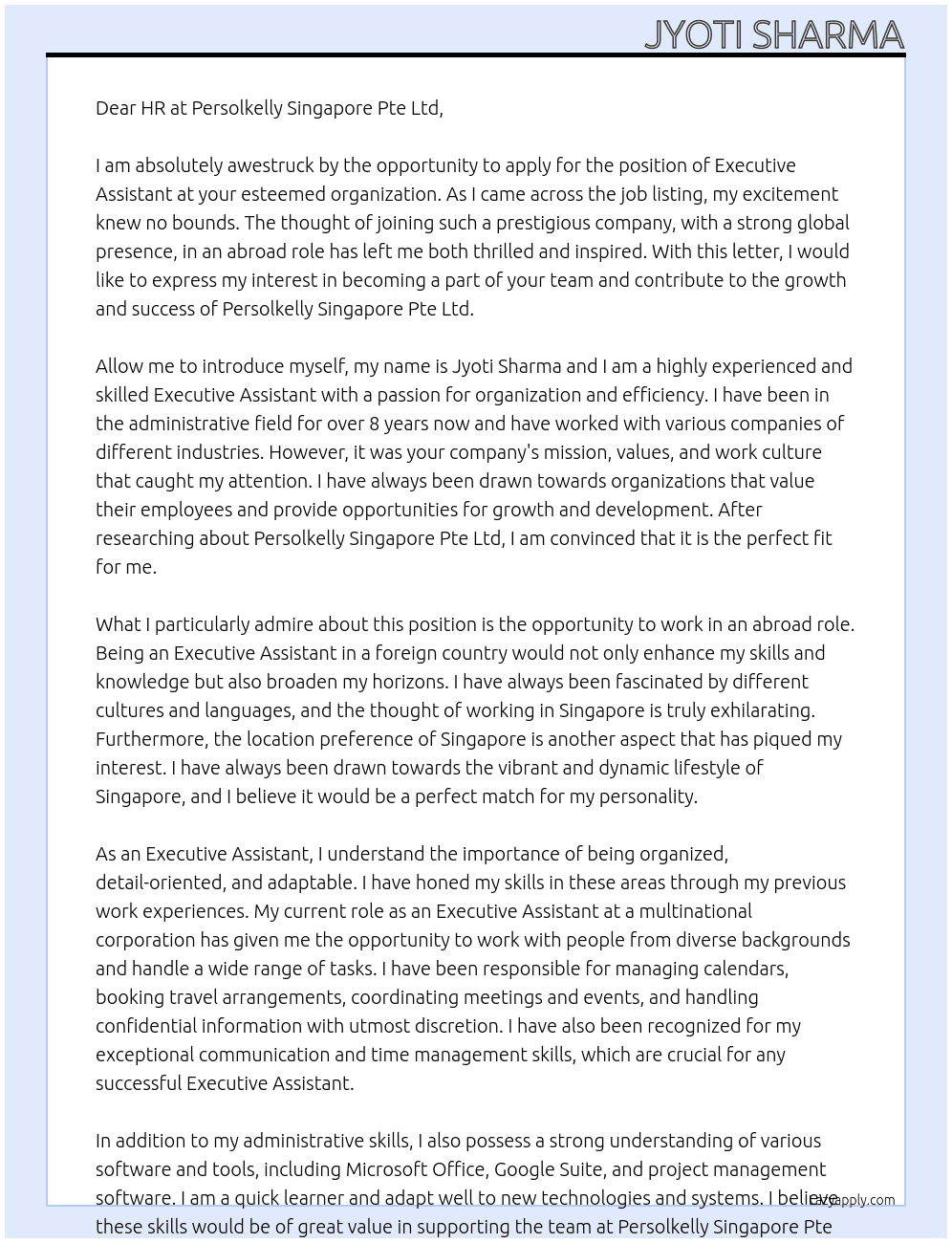Executive Assistant  At Persolkelly Singapore Pte Ltd Cover Letter