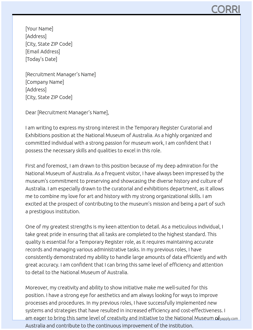 Temporary Register Curatorial and Exhibtions At National Museum of Australia Cover Letter