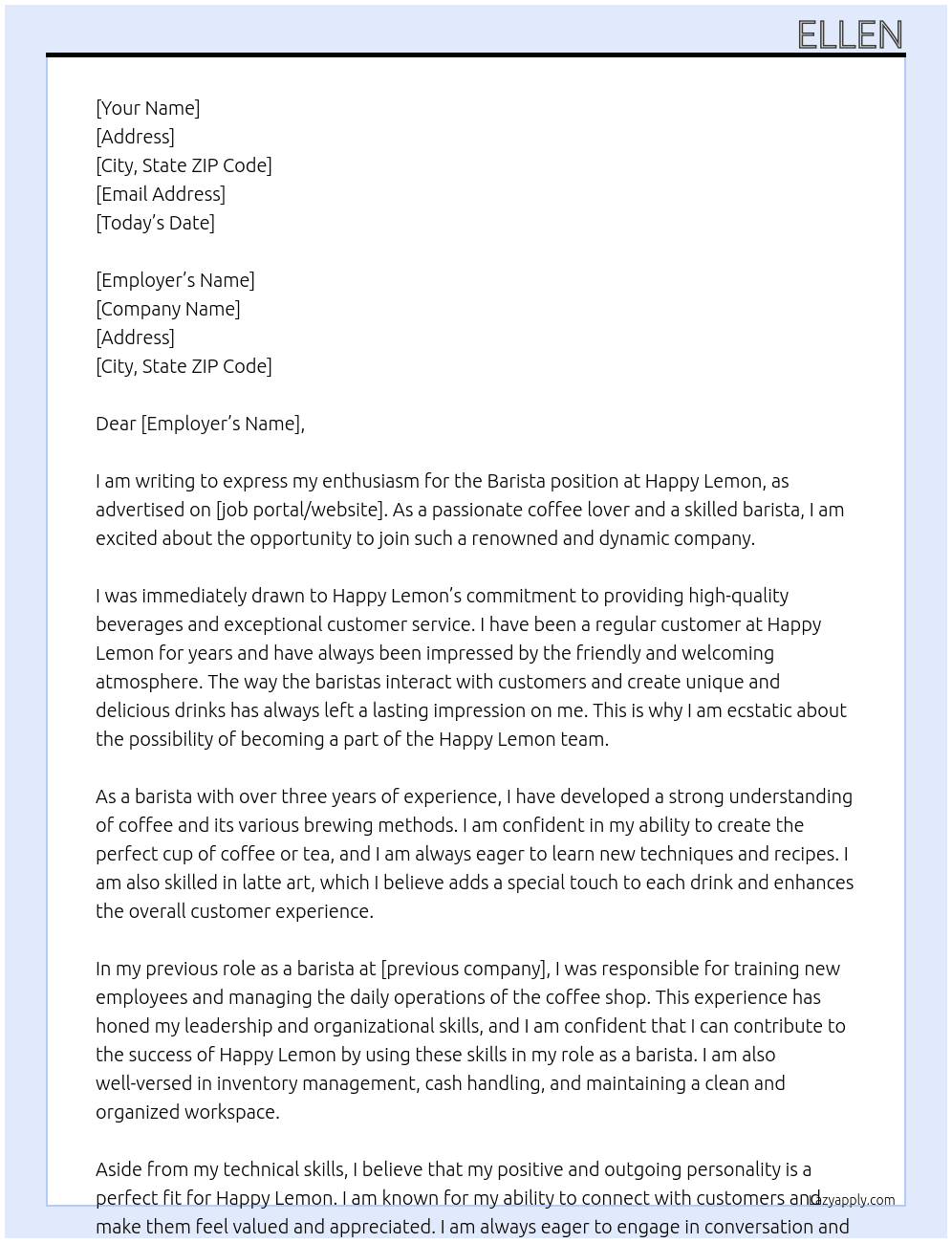 Barista At Happy Lemon Cover Letter