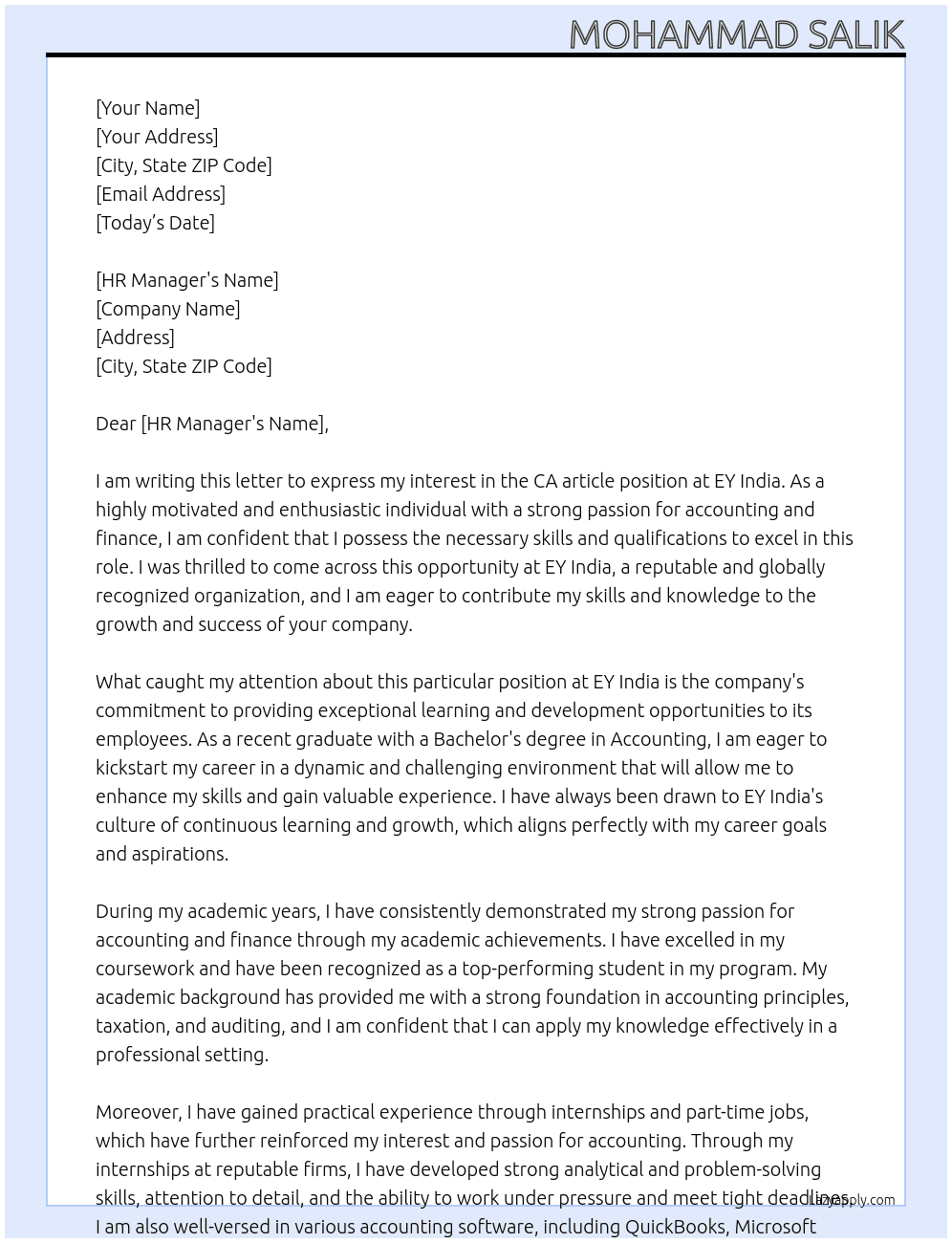 Ca article  At Ey India Cover Letter