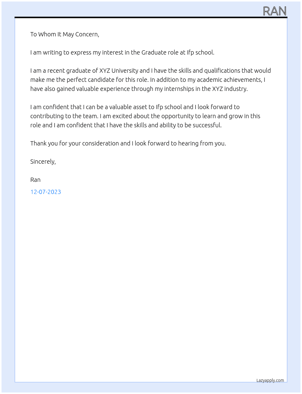 Graduate  At Ifp school  Cover Letter