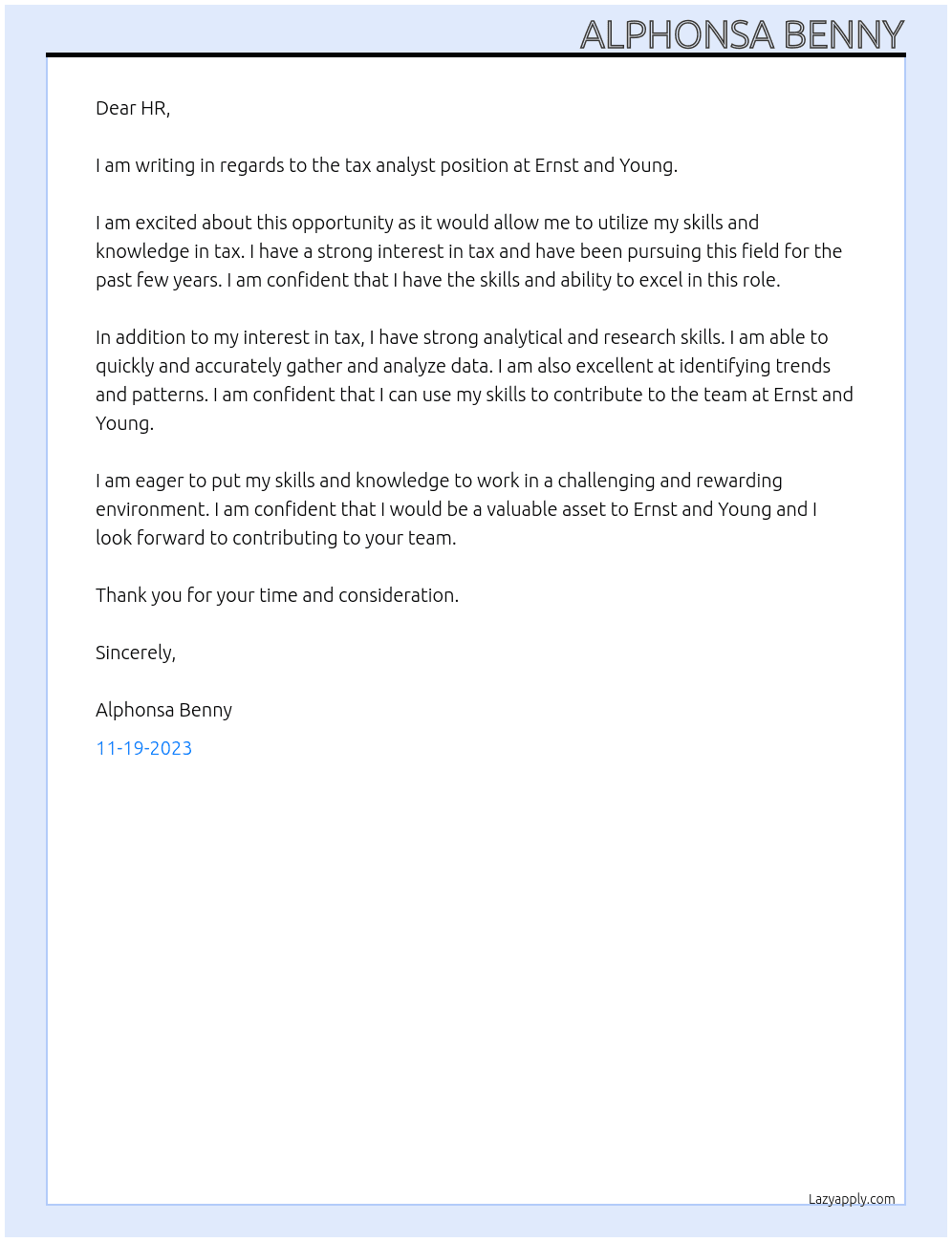tax analyst At Ernst and young Cover Letter