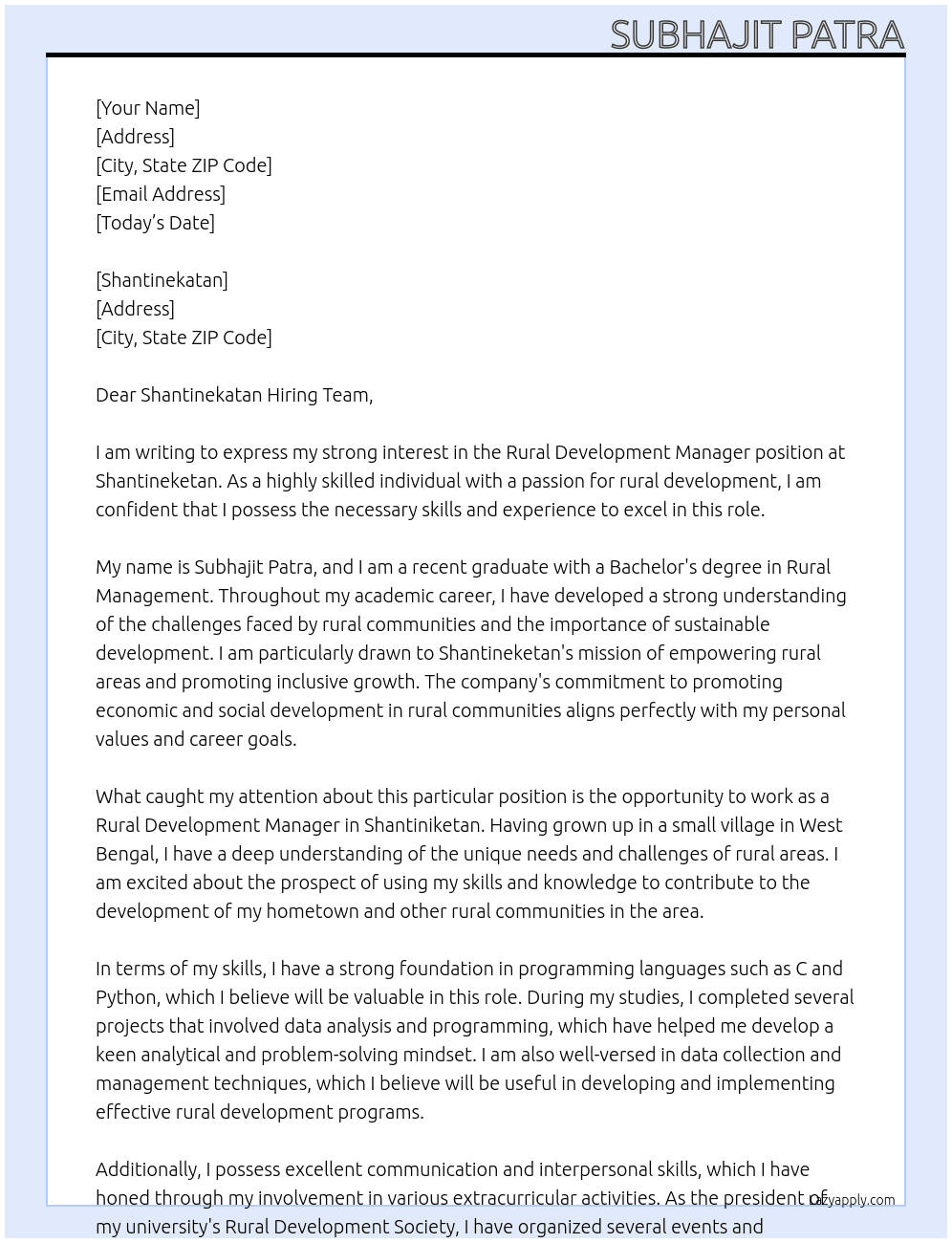 Rural Development Manager At Shantineketan Cover Letter