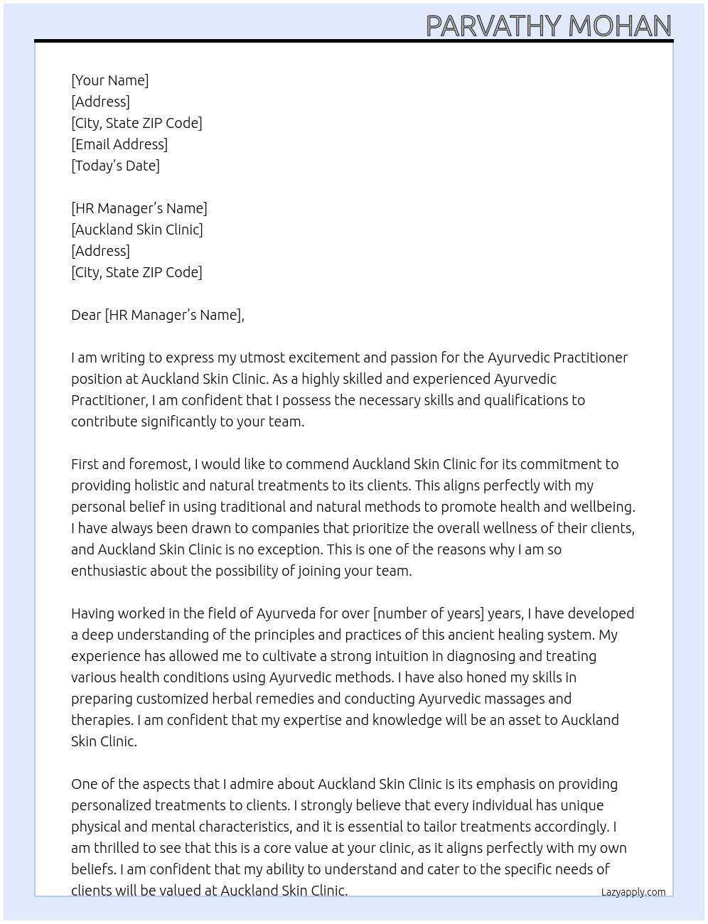 Ayurvedic Practitioner At Auckland Skin Clinic Cover Letter