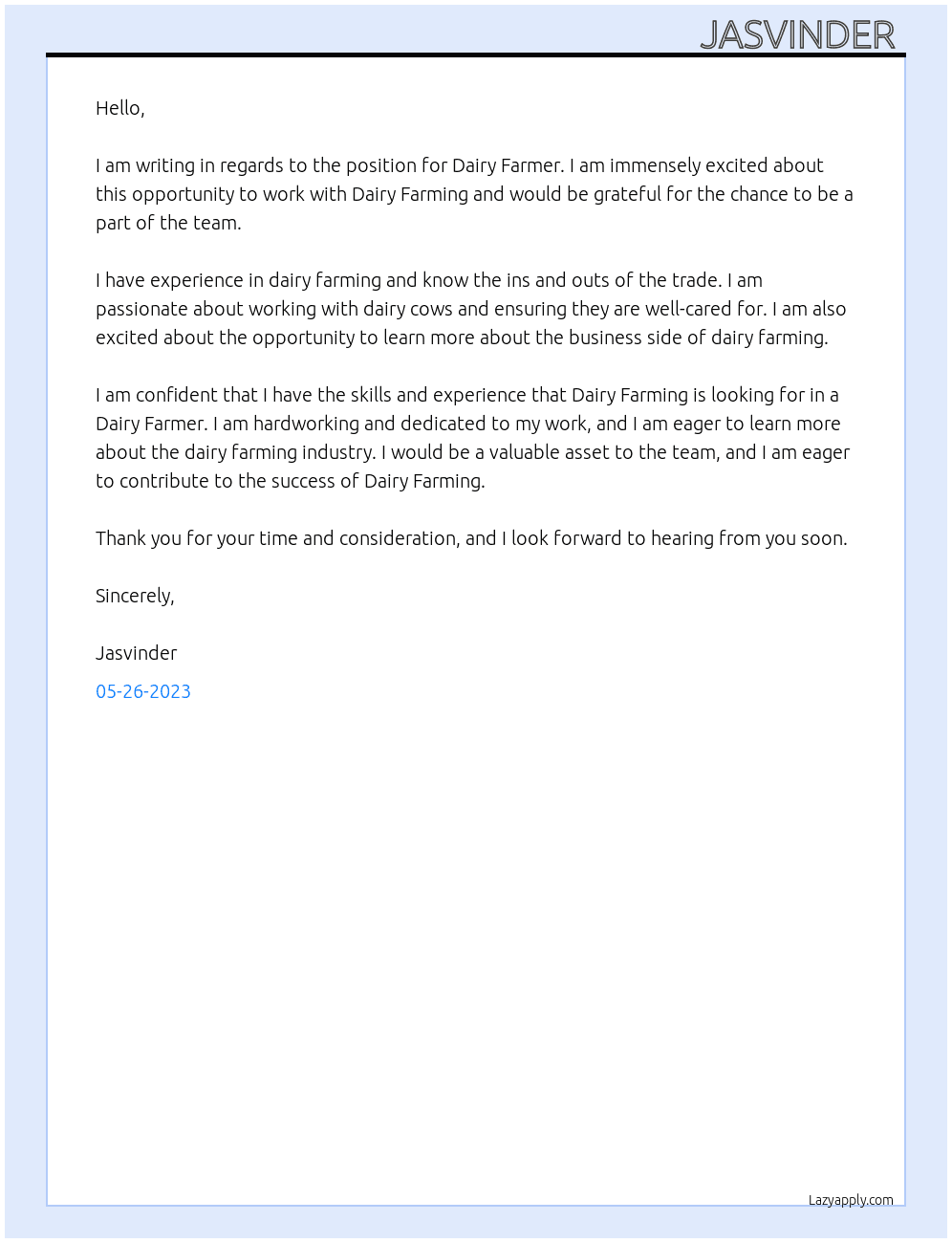 Dairy farmer At Dairy farming  Cover Letter