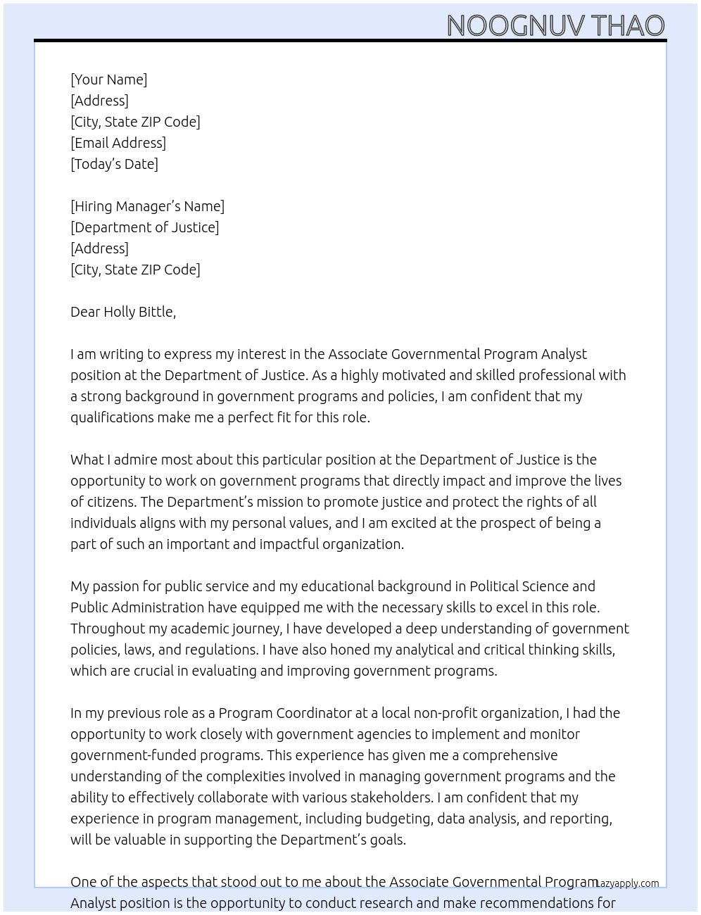 Associate Governmental Program Analyst At Department of Justice Cover Letter