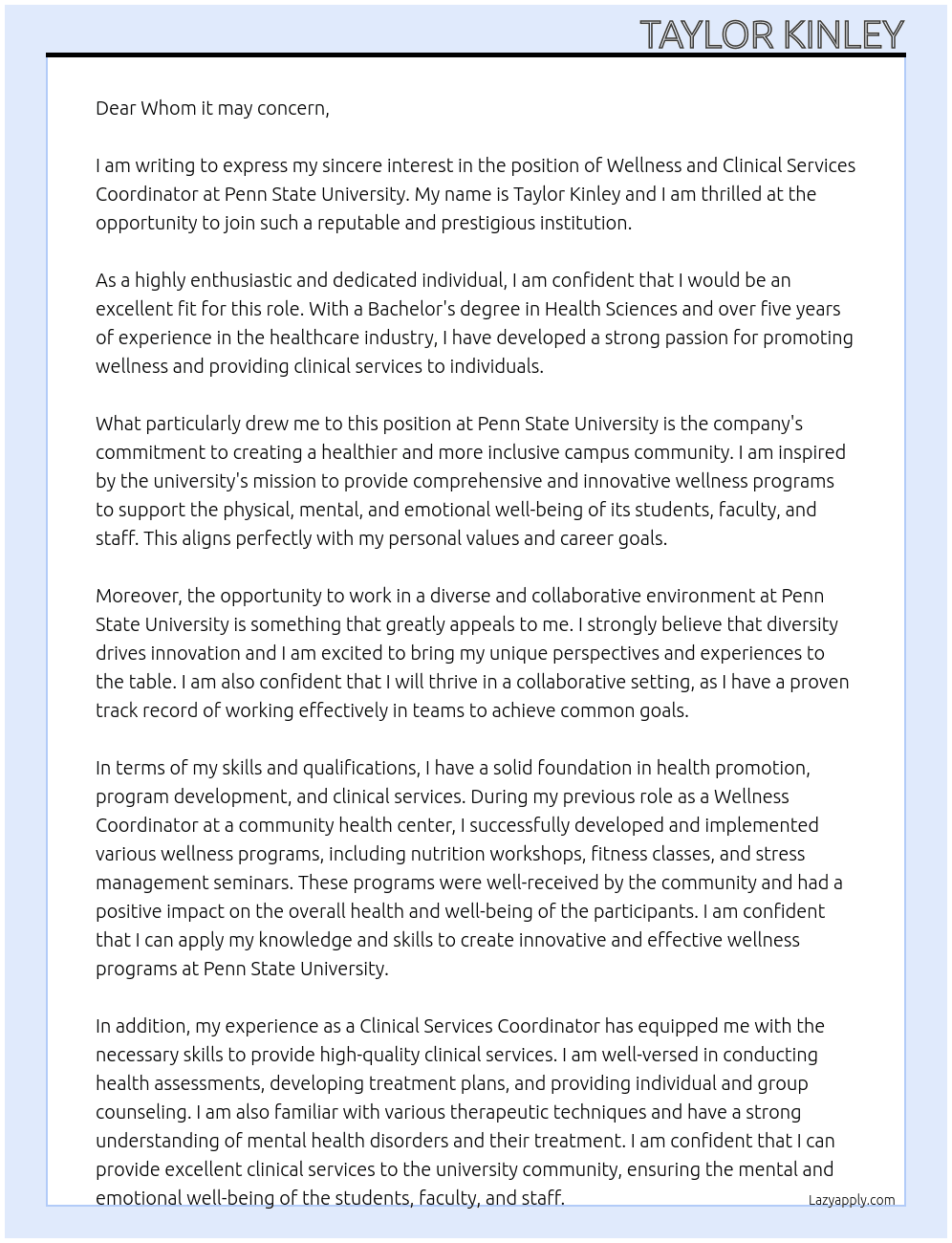 Wellness and Clinical Services Coordinator  At Penn State University Cover Letter