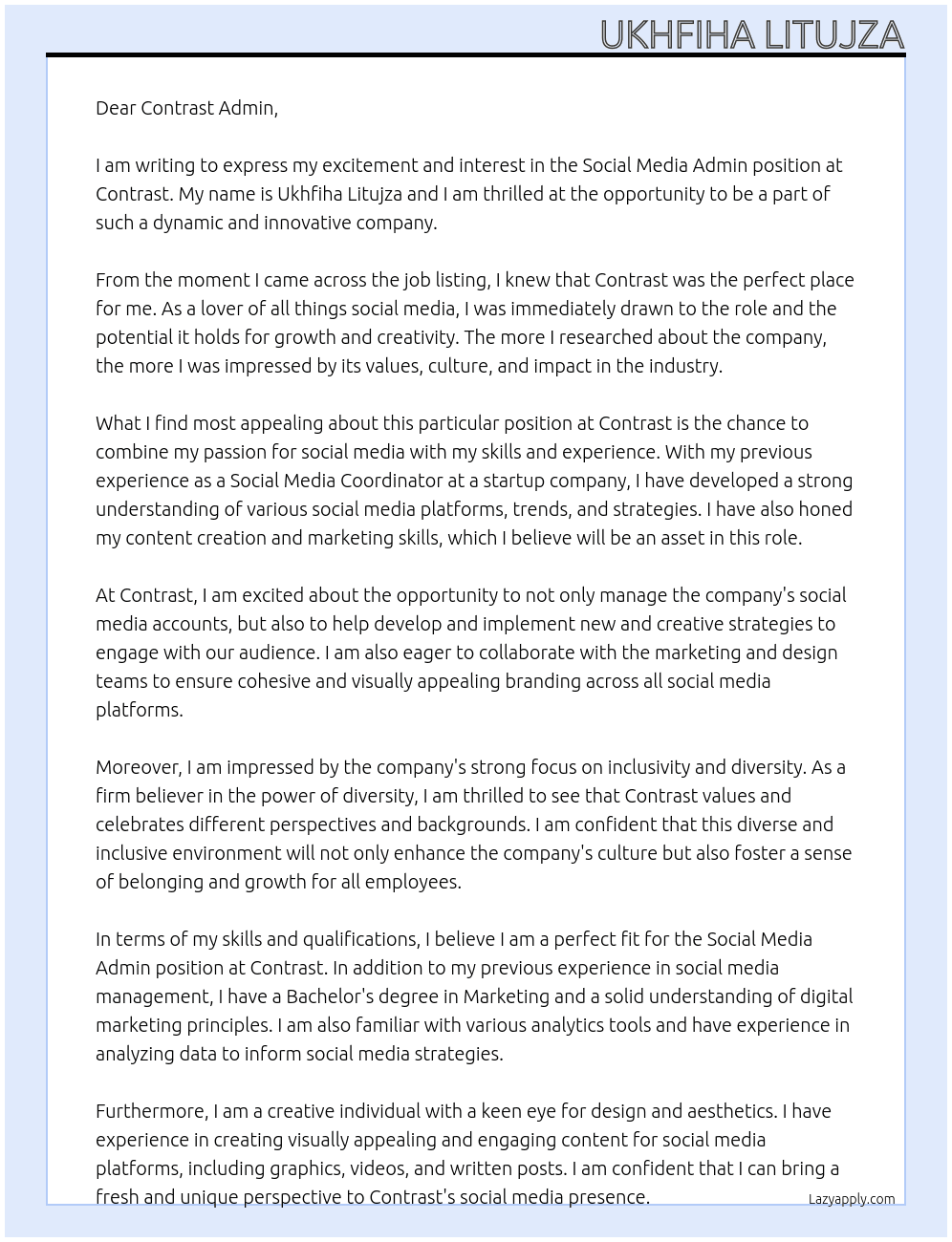Social Media Admin At Contrast Cover Letter