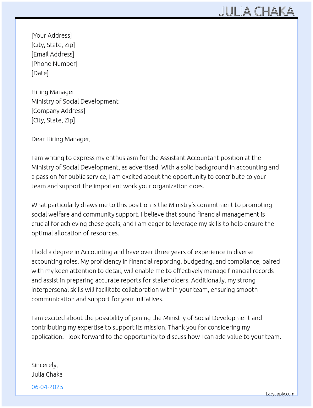 Assistant Accountant  At Ministry of social development  Cover Letter