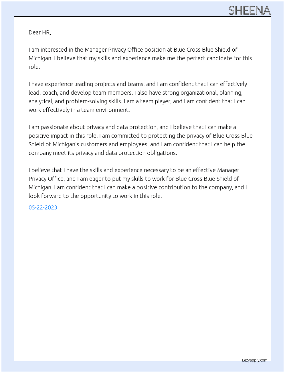 Manager Privacy Office At Blue Cross Blue Shield of Michigan Cover Letter