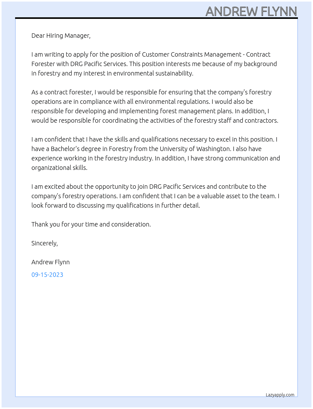 Customer Constraints Management - Contract Forester At DRG Pacific Services Cover Letter