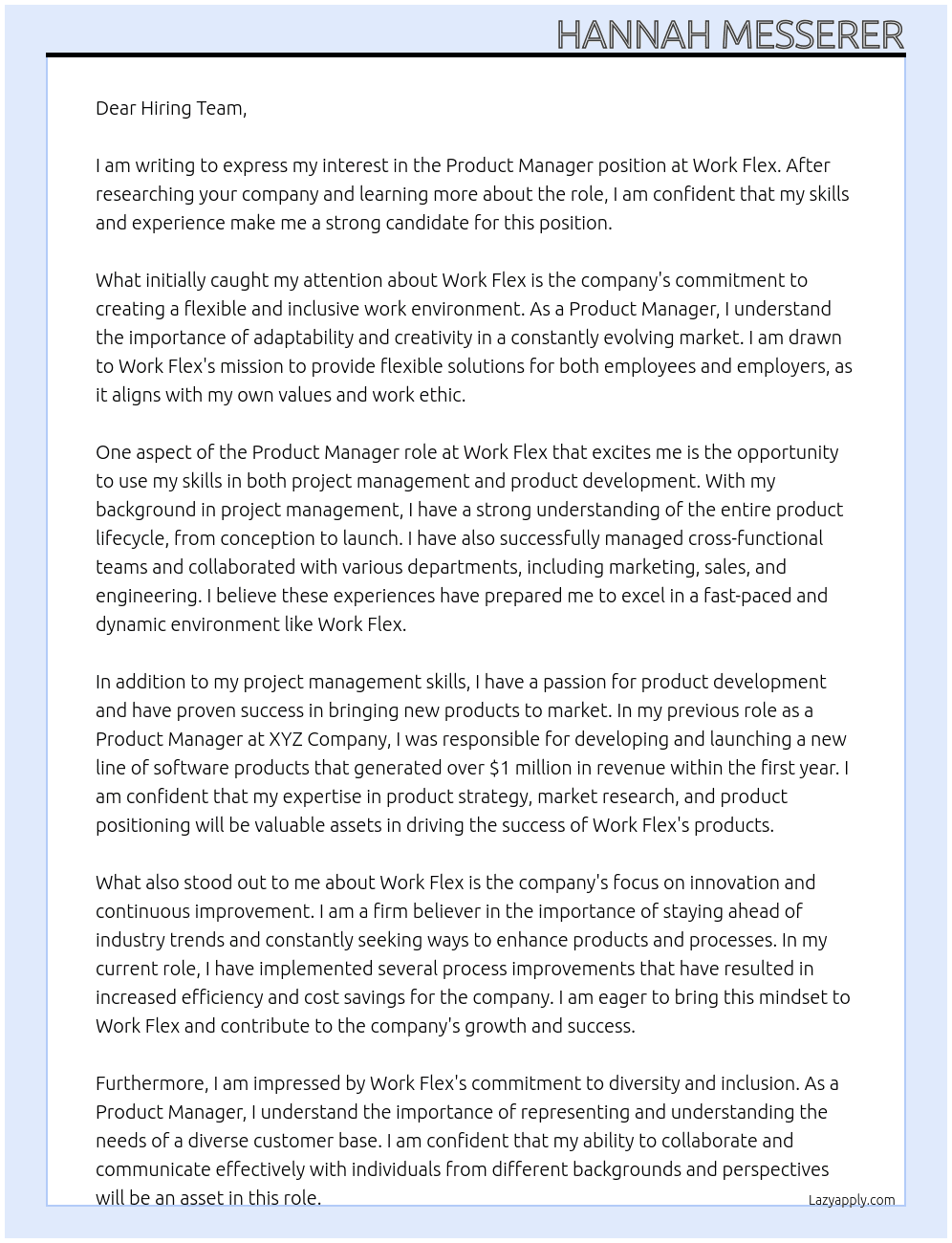 Product Manager At Work Flex Cover Letter