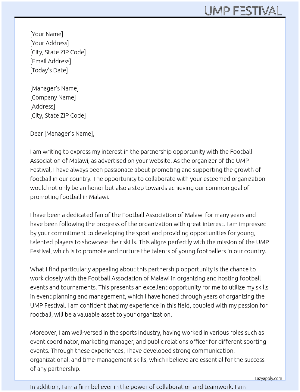 Partnership opportunity  At Football Association of Malawi  Cover Letter