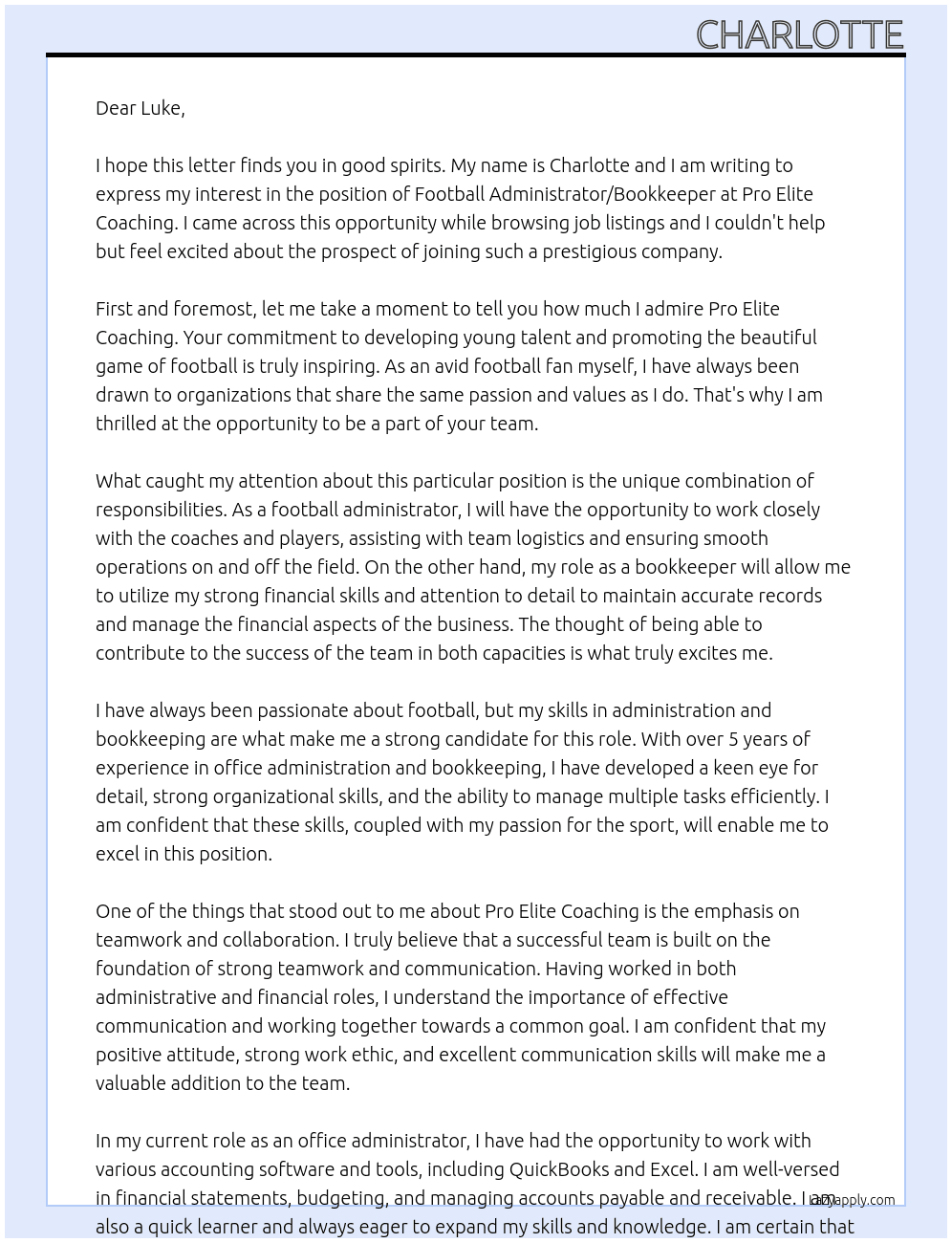 football administrator / bookeeper At Pro Elite Coaching  Cover Letter