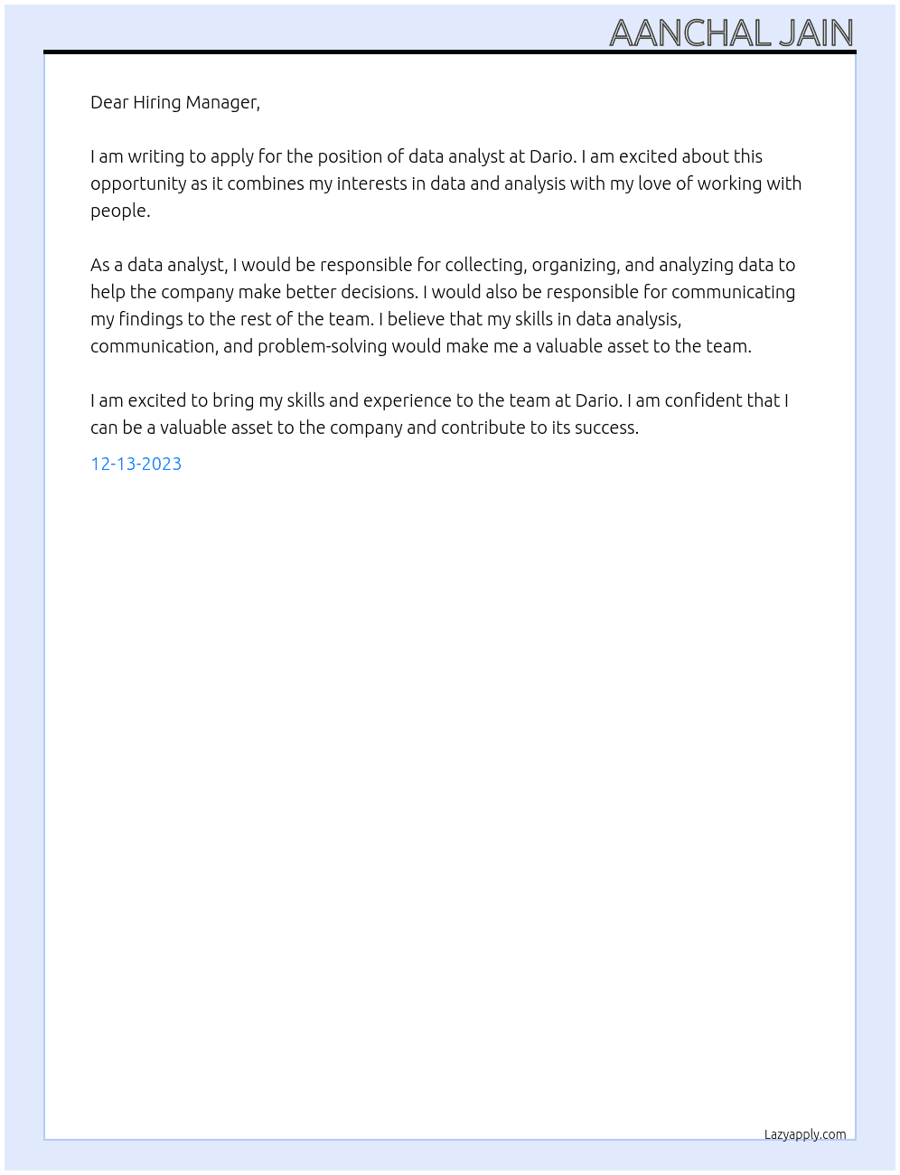 data analyst At Dario Cover Letter