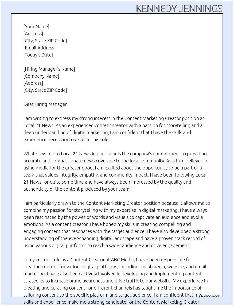  Content Marketing Creator At Local 21 News Cover Letter