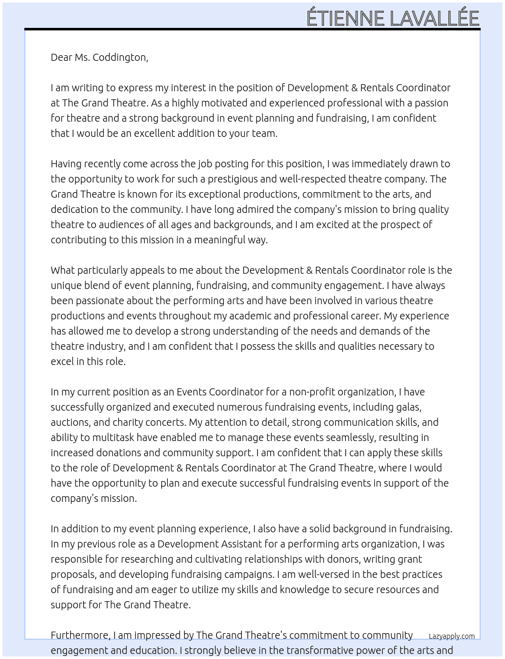 Development & Rentals Coordinator At The Grand Theatre Cover Letter