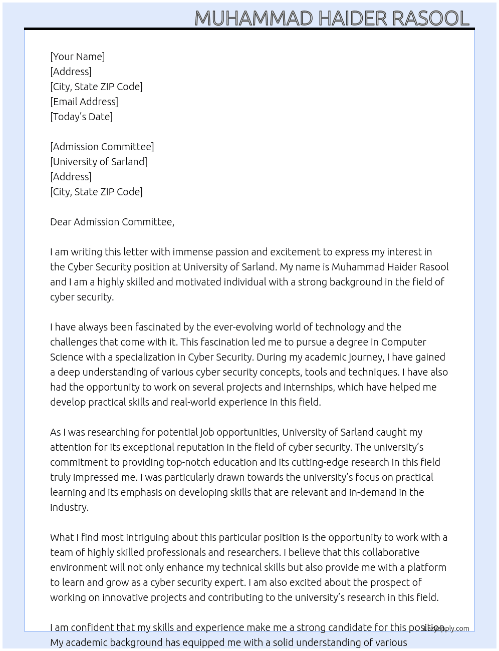 Cyber security  At University of sarland  Cover Letter