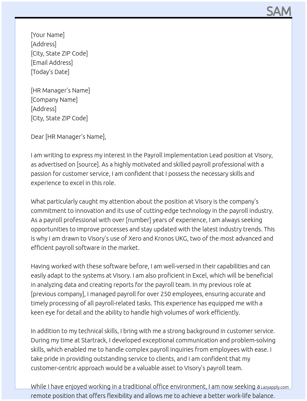 Payroll Implementation Lead At Visory Cover Letter