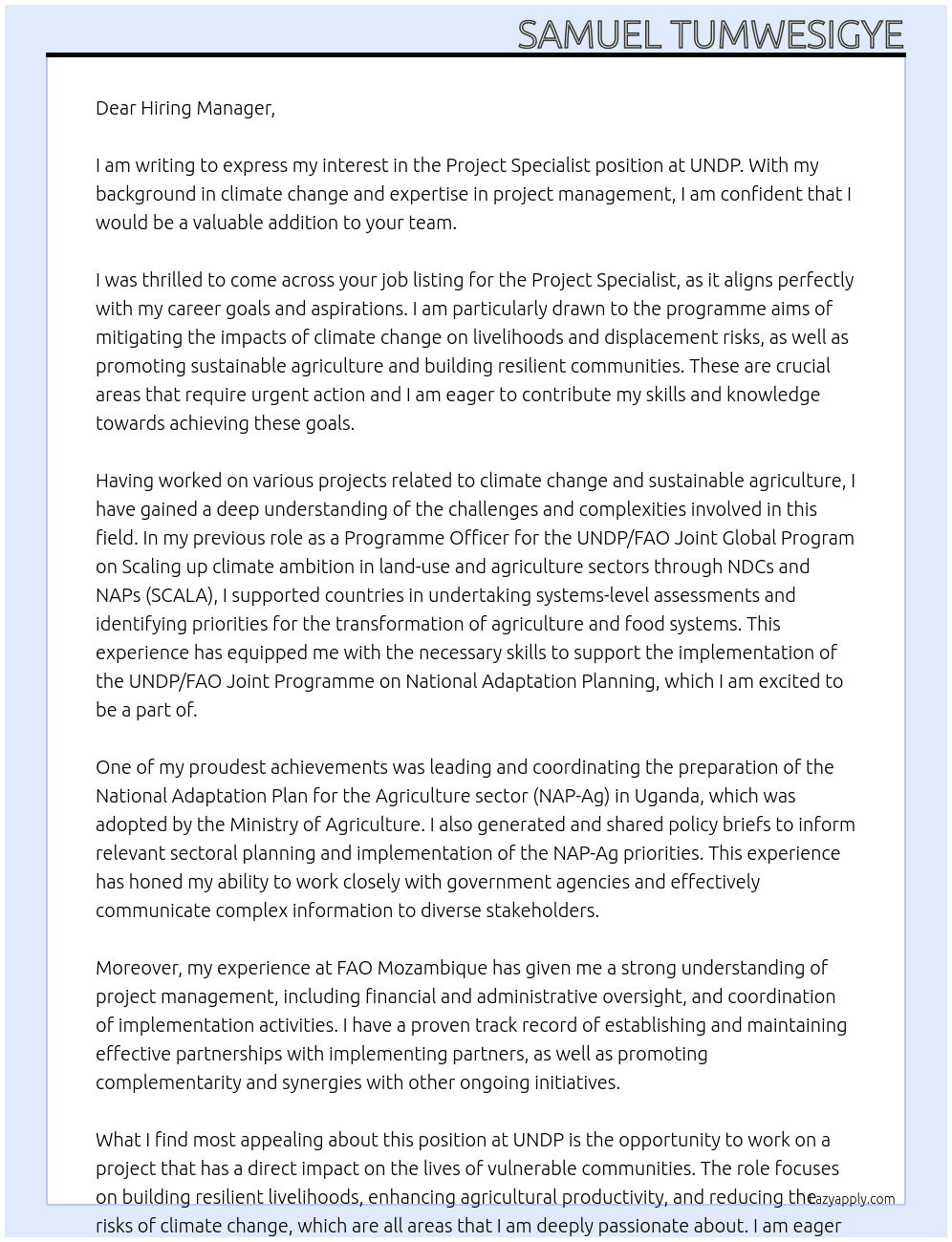 project specialist At UNDP Cover Letter