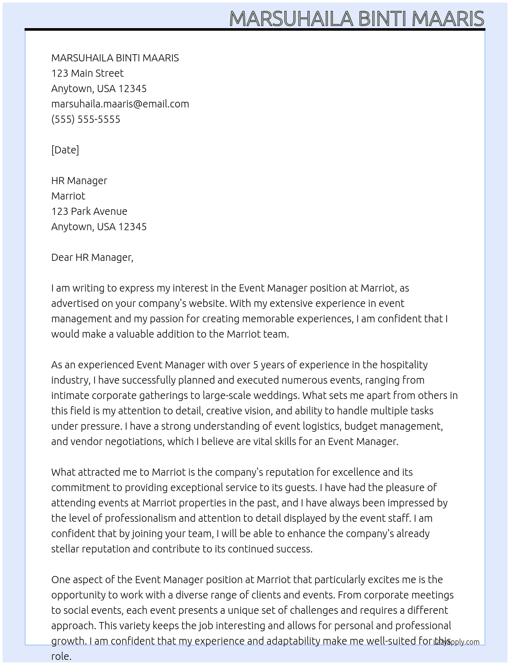 event manager At Marriot Cover Letter
