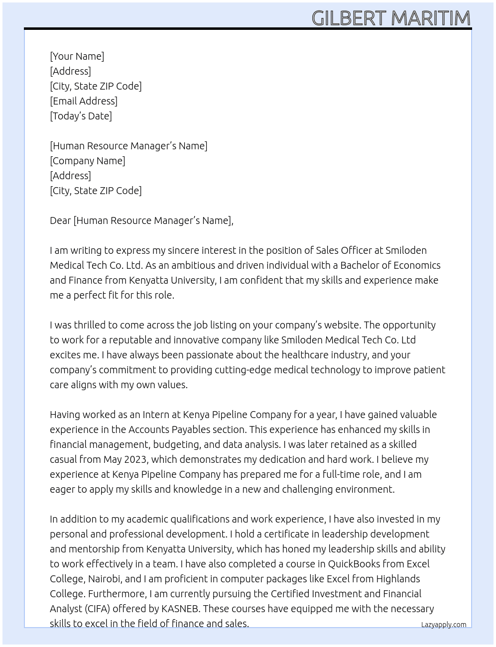 sales officer At Smiloden medical tech .co Ltd Cover Letter