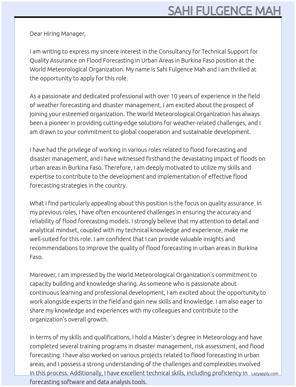 Consultancy for Technical support for Quality Assurance on flood forecasting in urban areas in Burkina Faso At World Meteorological Organization Cover Letter