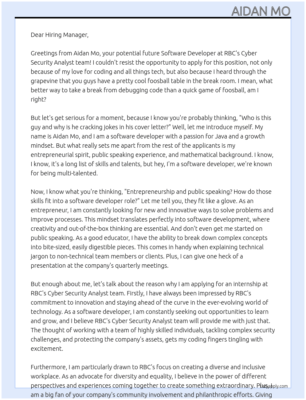 software developer At RBC Cyber Security Analyst  Cover Letter