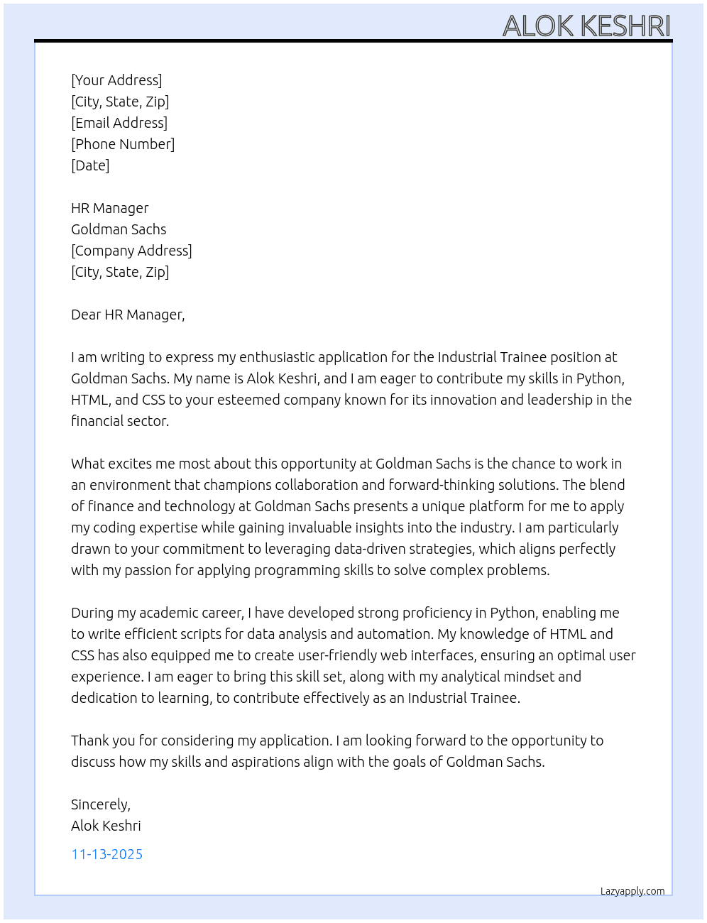 Cover letter for industrial trainee - LazyApply