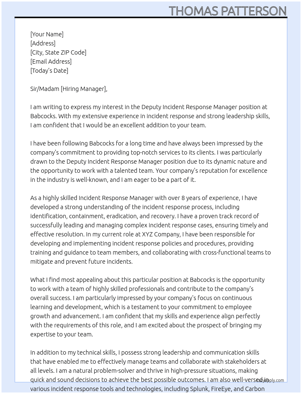 Deputy Incident Response Manager At Babcocks Cover Letter
