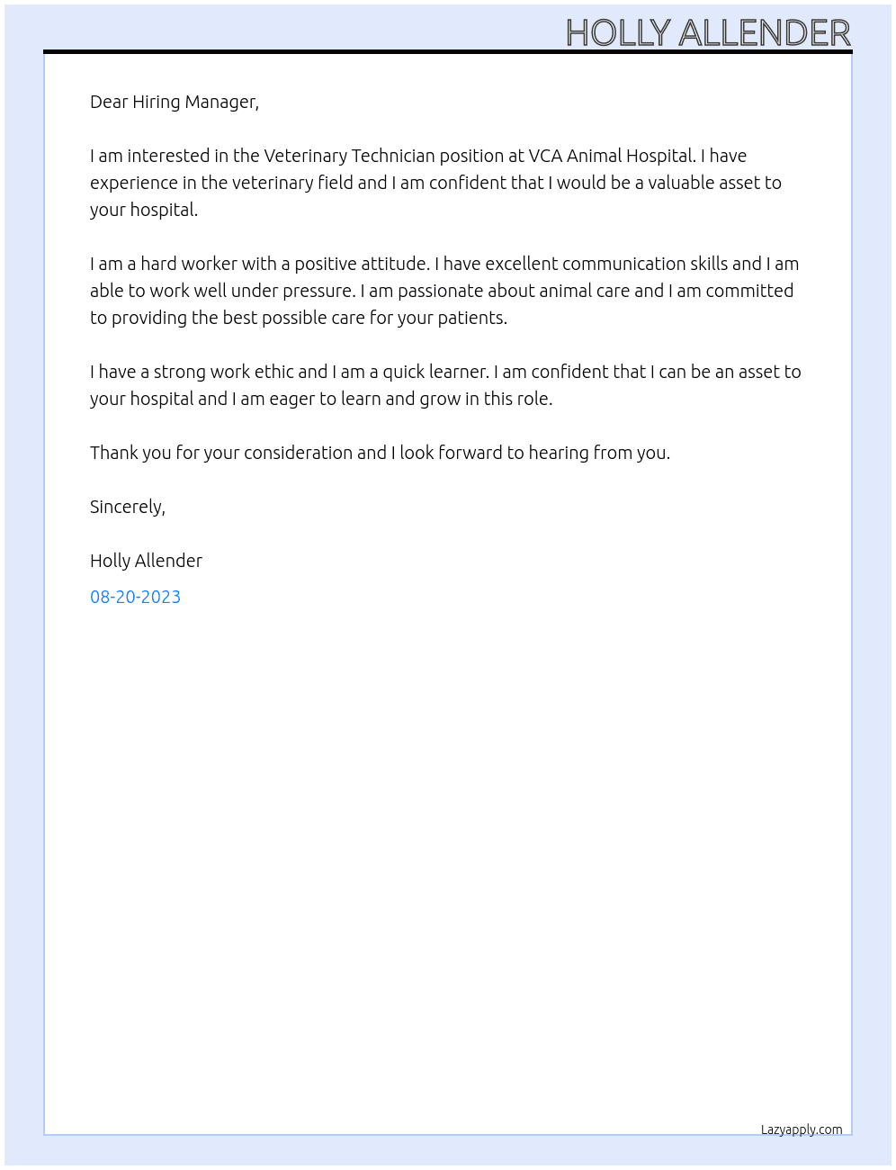 Veterinary Technician At VCA Animal Hospital Cover Letter