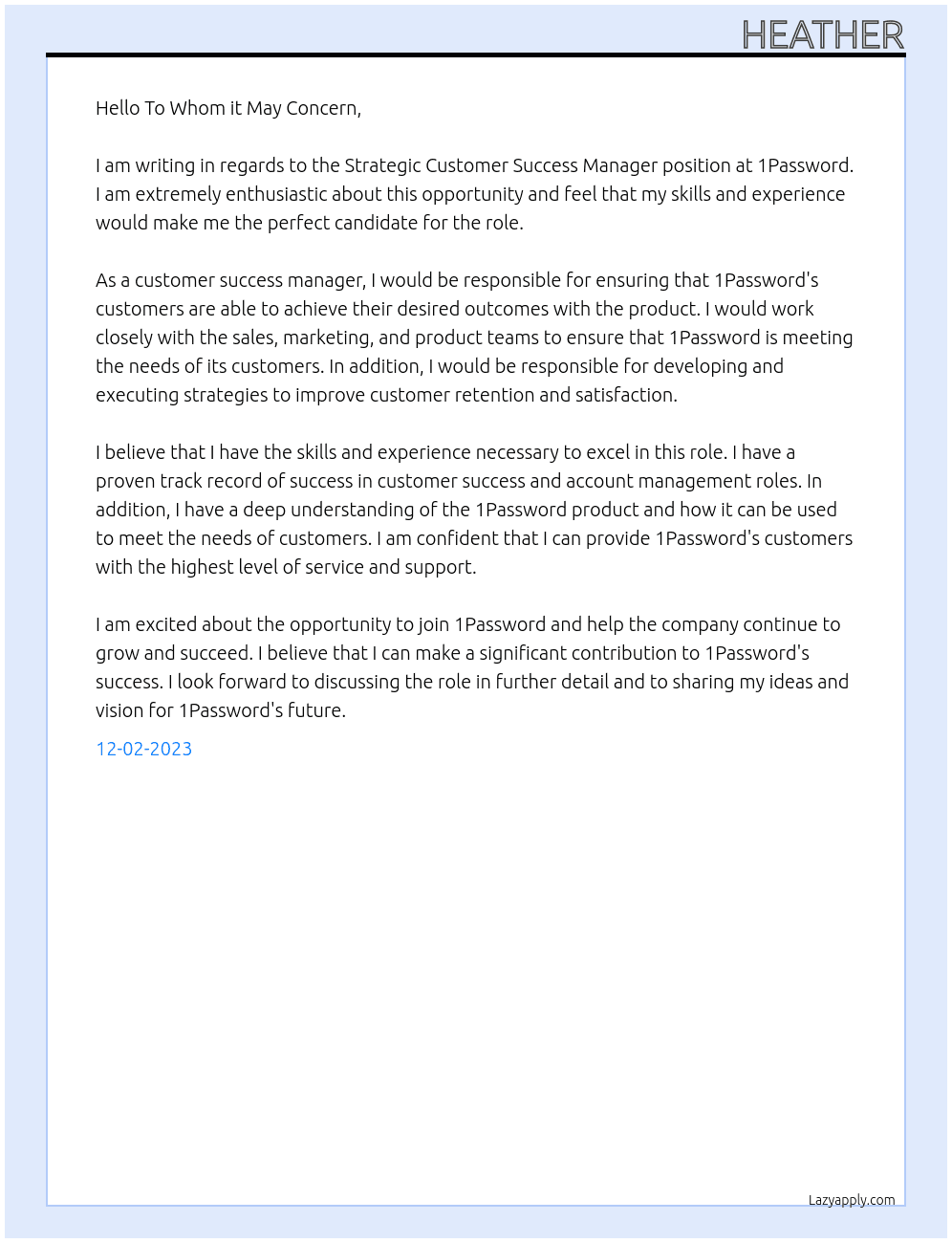 Strategic Customer Success Manager At 1Password Cover Letter