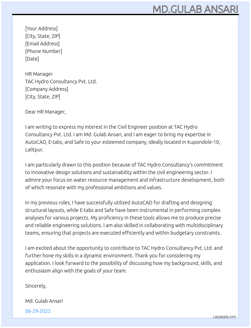 Civil Engineer At TAC Hydro Consultancy Pvt.Ltd Cover Letter