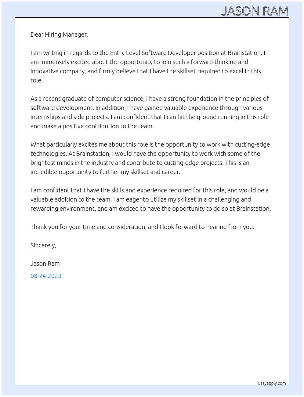 Entry Level Software Developer At Brainstation Cover Letter