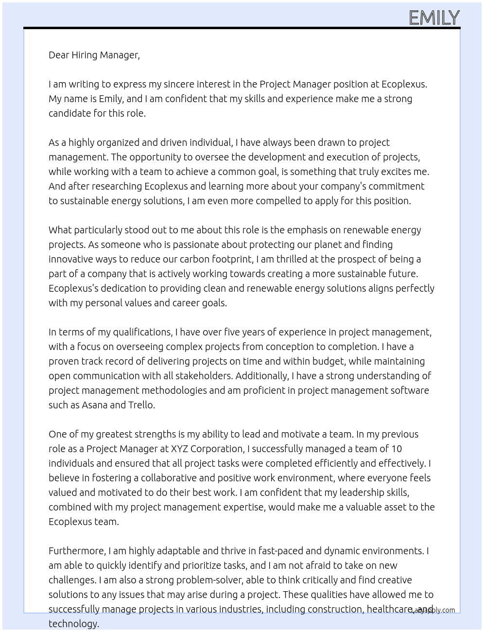 Project Manager At Ecoplexus Cover Letter