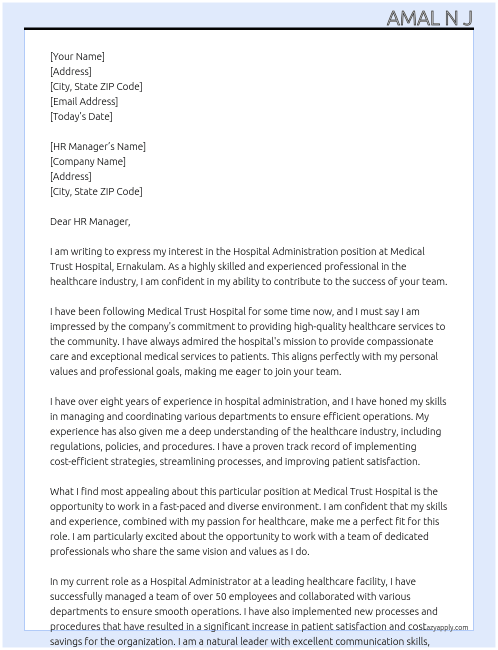 hospital administration At MEDICAL TRUST HOSPITAL ERNAKULAM Cover Letter