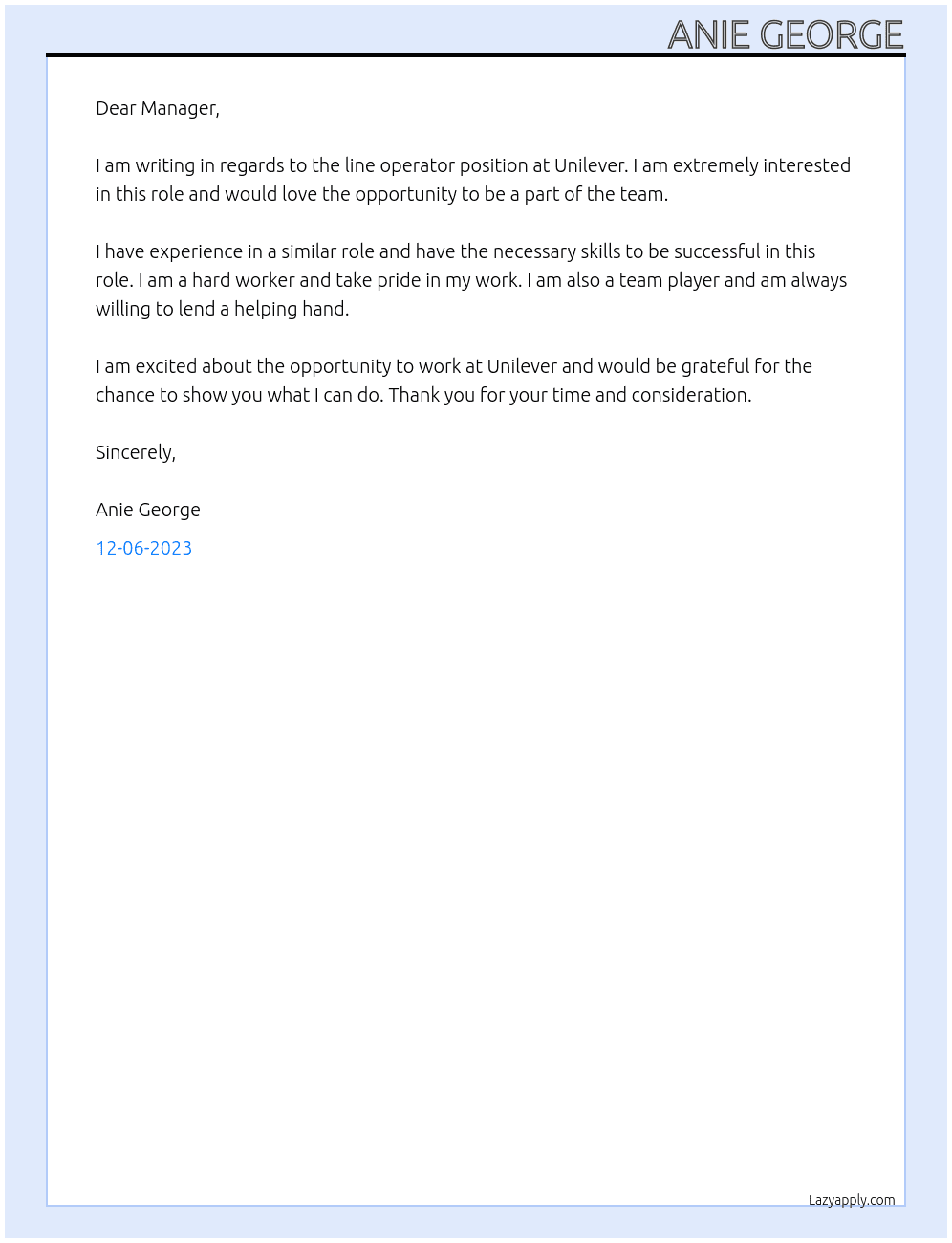 line operator At Unilever Cover Letter